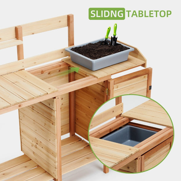 English Elm Outdoor Solid Wood Potting Bench with Built-in Sink Sliding Top and Garden Storage W2640P236086