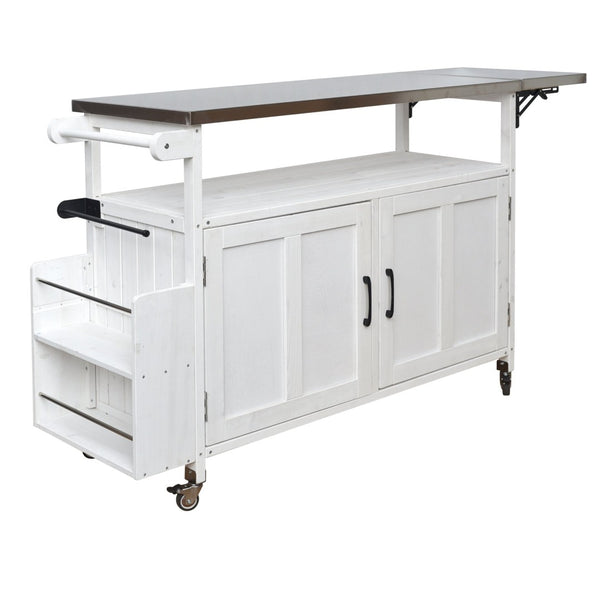 English Elm Foldable Outdoor Kitchen Cart with Stainless Worktop Fir Wood Frame and Lockable Wheels White N719P380279K