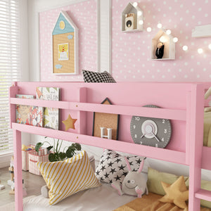English Elm Low Low Twin Over Twin Bunk Bed with Ladder, Solid Wood Low-Profile Kids Bed Frame, Sturdy Design Pink 81.1 L x 13.58 W x 6.49 H W2593P375491