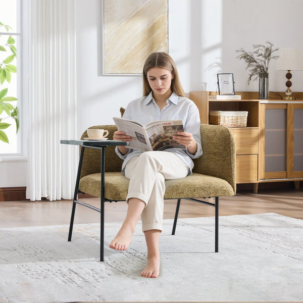 English Elm Leisure Linen Accent Chair with Built-in Side Table Pockets and Lumbar Pillow Modern Yellow W395P453313