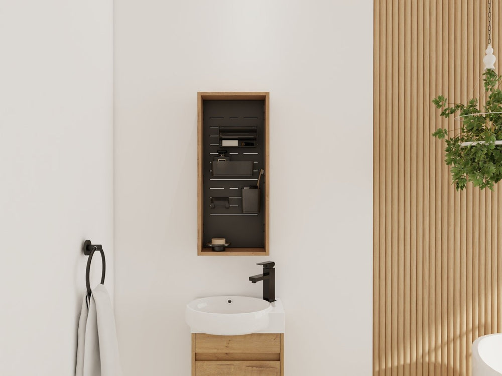 English Elm 12'' Wall Mounted Plywood Storage Cabinet Open Doorless Design with Frosted Bins for Bath W999P470287