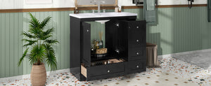 English Elm 36 Inch Shaker Style Free-Standing Bathroom Vanity Cabinet with Resin Sink, Soft-Close Storage Elegance Black SV000021AAB