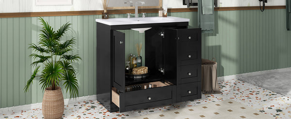 English Elm 36 Inch Shaker Style Free-Standing Bathroom Vanity Cabinet with Resin Sink, Soft-Close Storage Elegance Black SV000021AAB