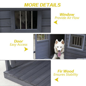 English Elm Large Breed Outdoor Doghouse Solid Fir Wood Covered Porch Weatherproof Asphalt Roof W1431S00004