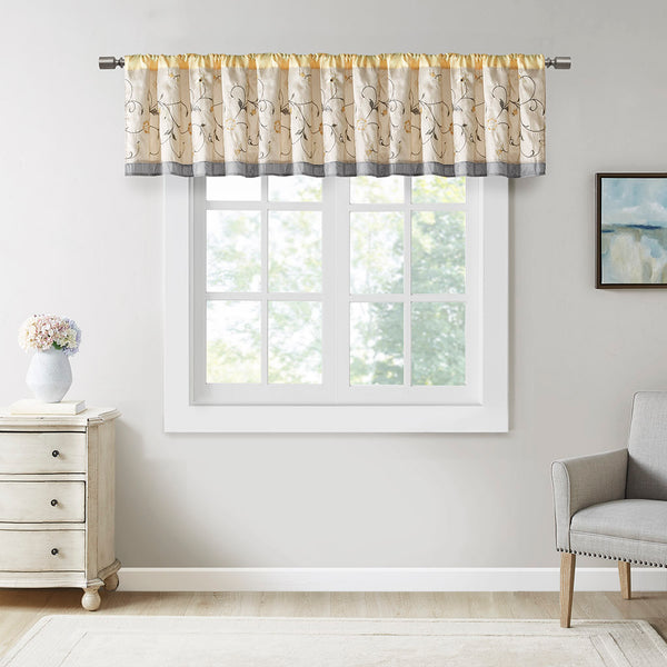 JLA Home Madison Park - Embroidered Window Valance with Floral Stitching, Lined Pleated Design Filters Light for Elegance Yellow MP41-5479