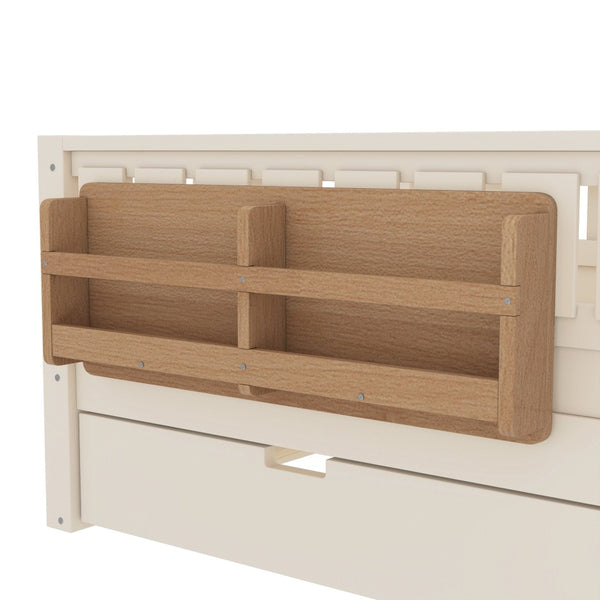 English Elm Twin Kids Platform Bed with Trundle Staircase Bookshelf and Rounded Safety Rails Beige W1580S00556