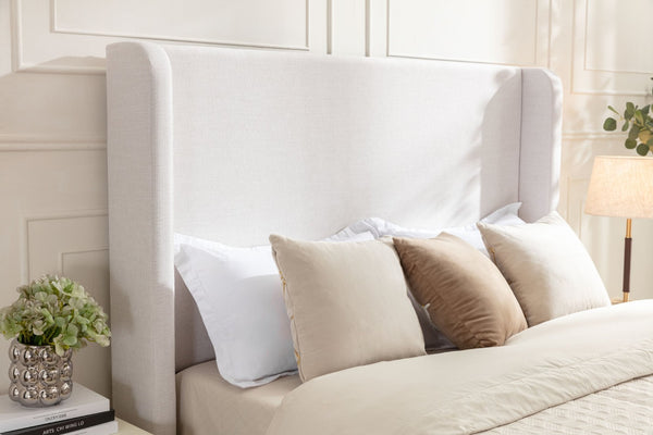 English Elm Harper Wingback King Bed Ivory Canvas Upholstery Walnut Feet Architectural Bedroom B191P450000