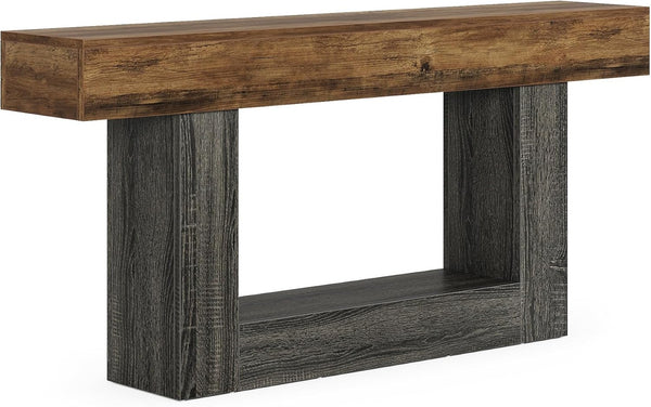 English Elm Wooden Two-tone Farmhouse Console Table Narrow Sofa Entryway Shelf Rustic Brown T3971P417338