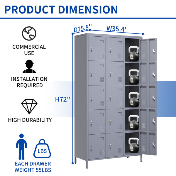 English Elm 15 Door 72"H Metal Lockers - Secure 15-Compartment Steel Storage Cabinet for Gym Office School Home T2398P282183
