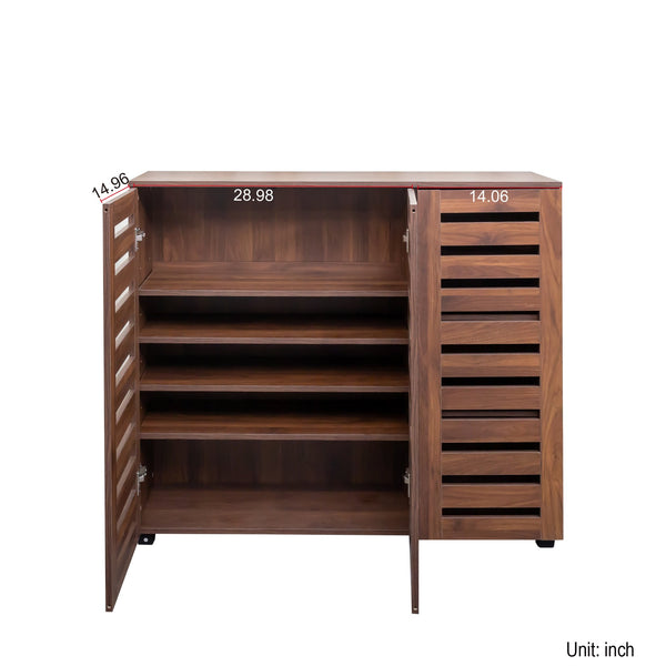 English Elm Shoe Cabinet 4-Tier Adjustable Shelves Louvered Door Shoe Rack Organizer for Entryway Hallway Walnut W331P242462