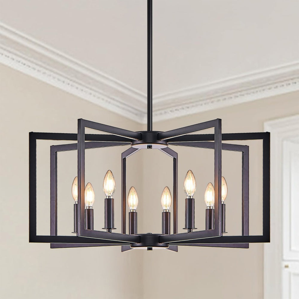 English Elm 27" Eight Light Matte Black Iron Geometric Chandelier for Dining and Living Spaces W1340P279980