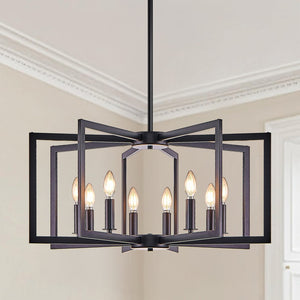 English Elm 27" Eight Light Matte Black Iron Geometric Chandelier for Dining and Living Spaces W1340P279980