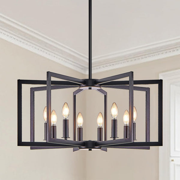 English Elm 27" Eight Light Matte Black Iron Geometric Chandelier for Dining and Living Spaces W1340P279980