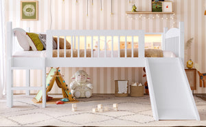 English Elm Twin Low Loft Bed Solid Pine Frame with Built-in Led Lighting and Storage Shelves Light White W1580P395928