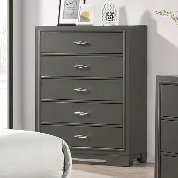 English Elm 1pc Chest with Five Drawers in Soft Gray Sheen, Acrylic Pulls, Sleek Contemporary Storage Tower Metallic Grey 36 L x 19 W x 50 H B2741P368963