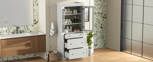 English Elm 70.1" Modern Tall Storage Cabinet with 3 Drawers, 2 Adjustable Shelves, Soft-Close Glass Doors, Gold Handles White N729P271979K