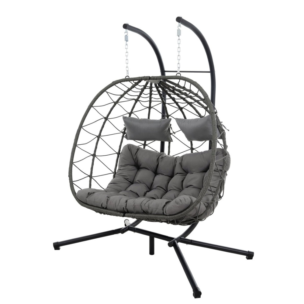 English Elm 2 Person Wicker Hanging Egg Chair with Freestanding Stand Outdoor Patio Swing Seat Light Gray W1703P444369