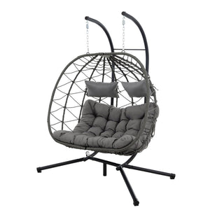 English Elm 2 Person Wicker Hanging Egg Chair with Freestanding Stand Outdoor Patio Swing Seat Light Gray W1703P444369