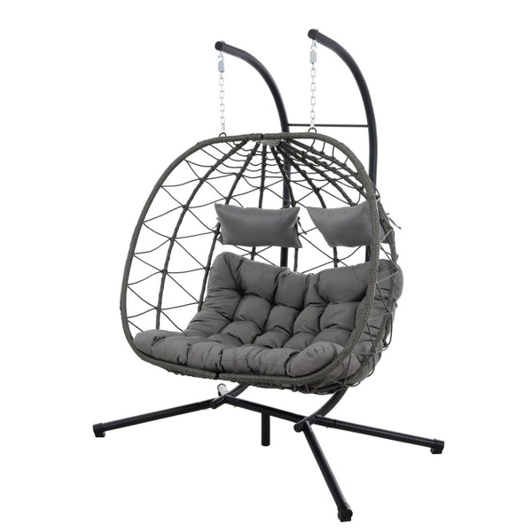 English Elm 2 Person Wicker Hanging Egg Chair with Freestanding Stand Outdoor Patio Swing Seat Light Gray W1703P444369