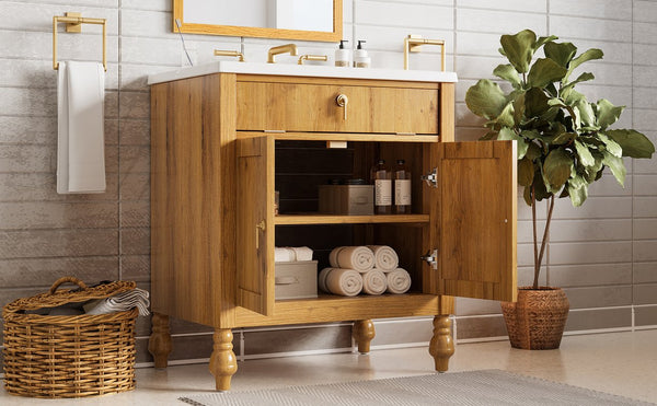English Elm Christopher Knight Home® - 30-Inch Walnut Vanity with Seashell Resin Sink, Flip-Up Organizer, Soft-Close Doors & Legs Brown N765P33417576B