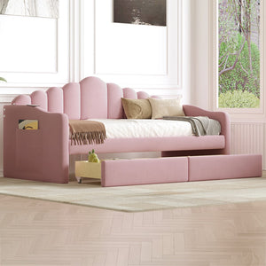 English Elm Twin Size Upholstered Daybed With 2 Drawers ,Velvet Sofabed With Usb Charging Ports,No Box-Spring Needed,Pink