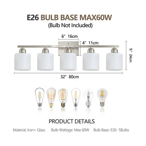 English Elm Brushed Nickel 5-Light Vanity Fixture With Frosted Glass Shades For Modern Bathroom Lighting Upgrade W2312P374852
