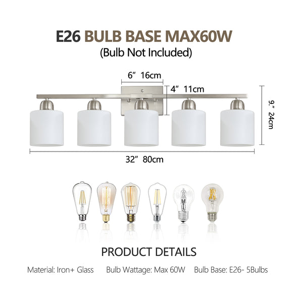 English Elm Brushed Nickel 5-Light Vanity Fixture With Frosted Glass Shades For Modern Bathroom Lighting Upgrade W2312P374852