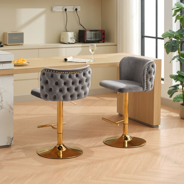 English Elm A&A Luxe Velvet Swivel Barstool with Gold-Plated 17.7" Base, Tufted Back, Ergonomic Waist Support Gray W1143P204046