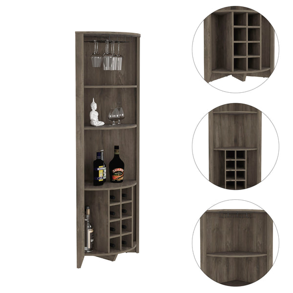 English Elm Essential Corner Bar Cabinet with Wine Rack & Cup Holders, Space-Saving Three-Tier Storage Solution Dark Brown 75 L x 24 W x 3 H B200S00405