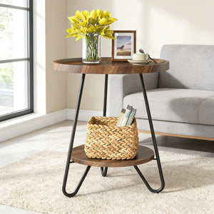 English Elm Chic Two-tier Round End Table with Metal Frame and Open Shelf for Living Room T3971P449208