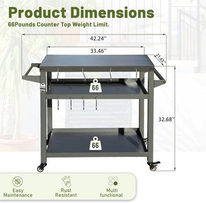 English Elm 3-shelf Outdoor Grill Cart with Locking Wheels Powder-coated Metal Bbq Prep Station W1859P191827