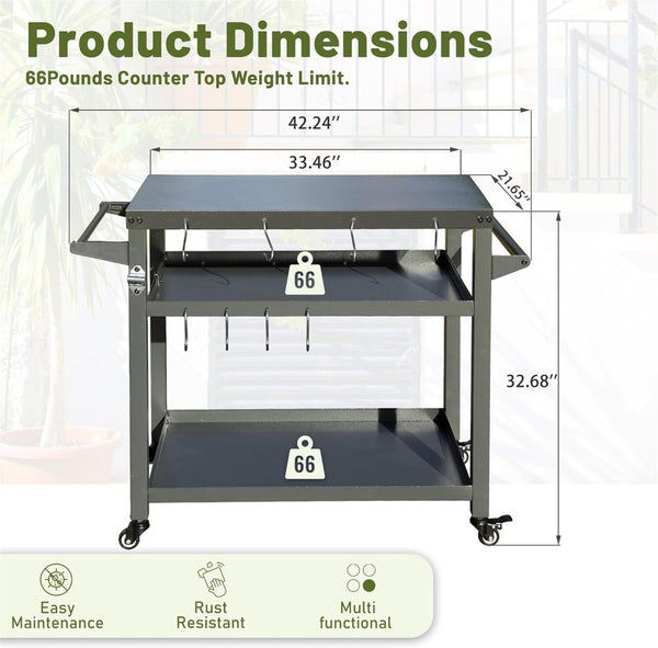 English Elm 3-shelf Outdoor Grill Cart with Locking Wheels Powder-coated Metal Bbq Prep Station W1859P191827