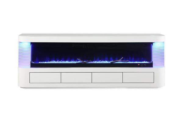 English Elm Contemporary TV Stand with Built-In Electric Fireplace, Heater, Glass Shelves & Modern Mixed-Material Finish White 75 L x 20 W x 33 H B2741P398851