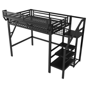 English Elm Full Metal Loft Bed with Stairs Wardrobe Rgb Lighting and Storage for Teens W2580S00066