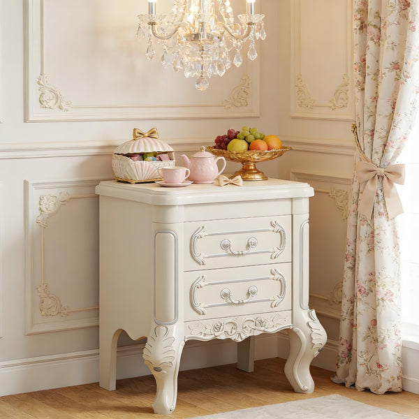 English Elm Elegant Hand-carved Nightstand with Silver Painted Edges and Two Drawer Storage T3971P458373