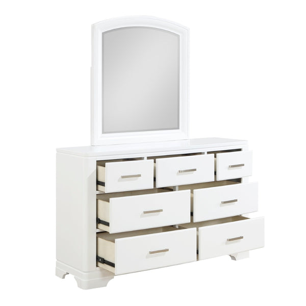 English Elm Modern Birch Veneer Dresser with Curved Mirror Seven Drawers Chrome Pulls Bedroom White B011S02345