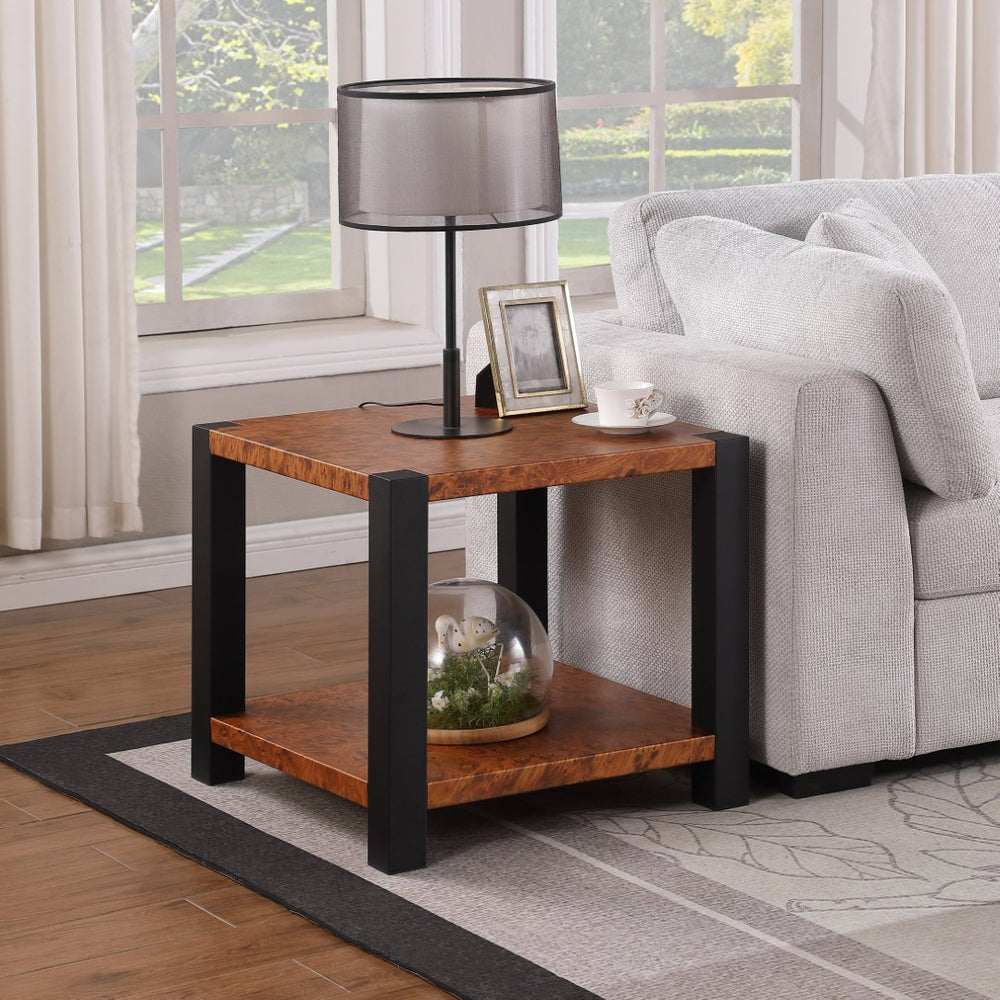 English Elm 23.6-inch Square Metal End Table Burl Wood Grain Double Tier Matte Black Frame W1567P218029