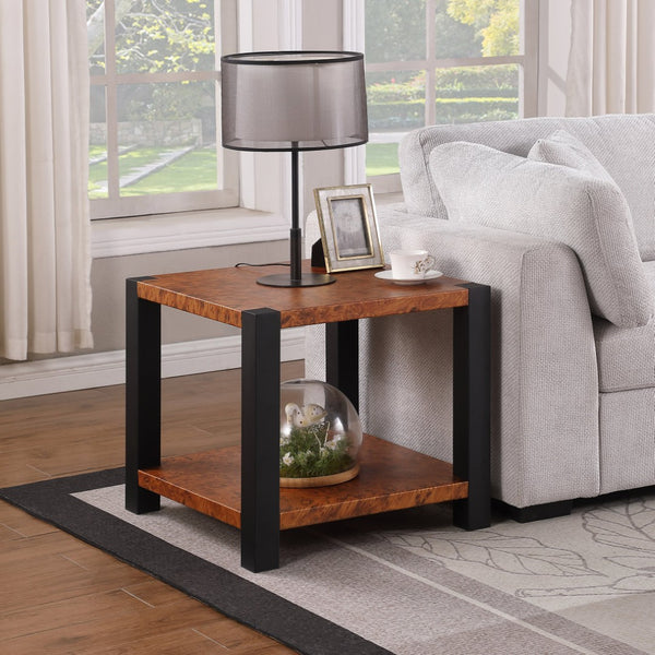 English Elm 23.6-inch Square Metal End Table Burl Wood Grain Double Tier Matte Black Frame W1567P218029