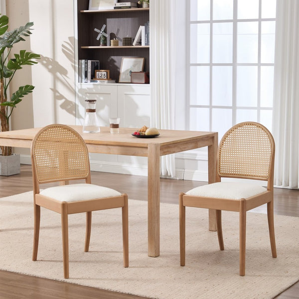 English Elm Rattan Backrest Dining Chairs Set of 2 Teddy Fabric Cushion Solid Wood Legs Kitchen Beige W3244P475485