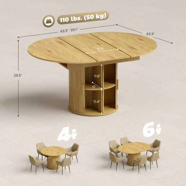 English Elm Storage Pedestal Dining Table Extendable Round to Oval Seats Six Farmhouse Style T3971P459415