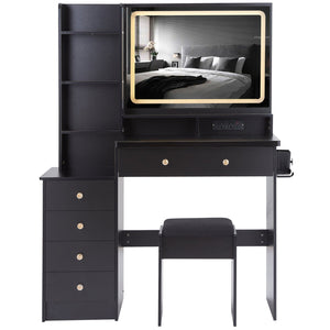 English Elm 41" Large Vanity Table Set With Cushioned Stool, Led Touch Mirror, Power Station & Dryer Stand W936P230831
