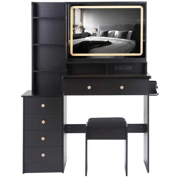 English Elm 41" Large Vanity Table Set With Cushioned Stool, Led Touch Mirror, Power Station & Dryer Stand W936P230831