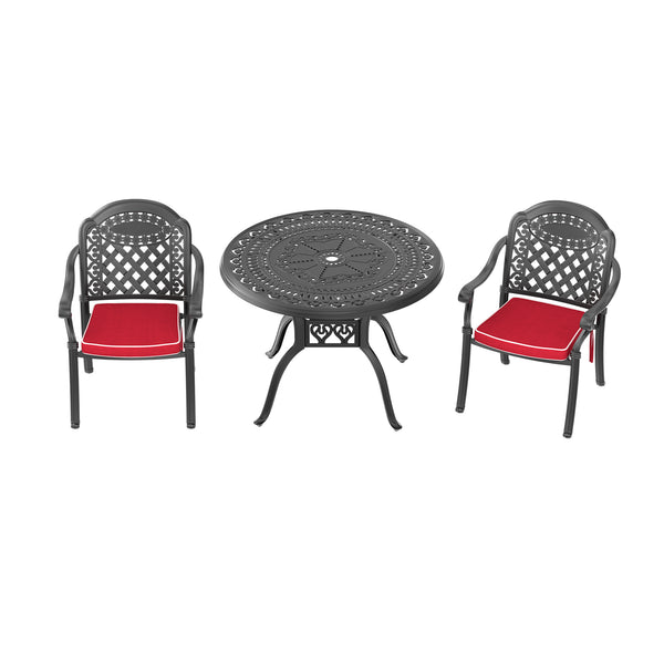English Elm 3-Piece Black Cast Aluminum Patio Set With Red Cushions - Durable, Compact, And Weather-Resistant! W1710S00063