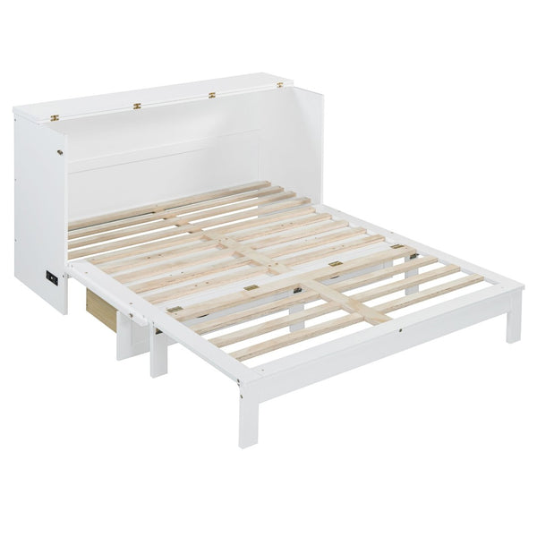 English Elm Queen Murphy Wall Bed with Usb Ports Storage Drawers and Cabinet Style Panel Front White N708S00010K-1