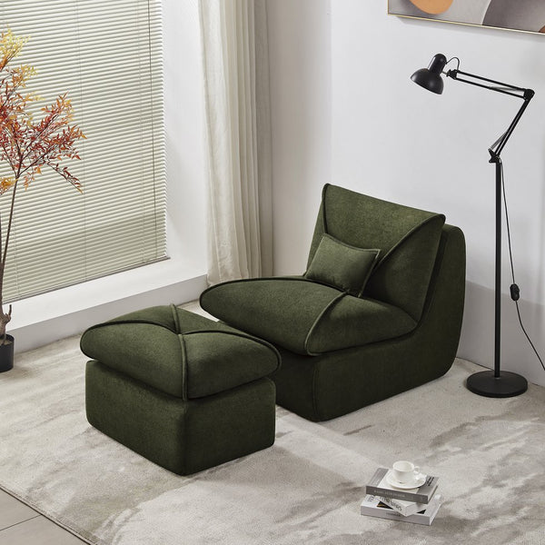 English Elm Compressed Lounge Chair with Ottoman - Space-Saving Chenille Upholstered Sofa, High-Density Foam Comfort Green W1036P251828