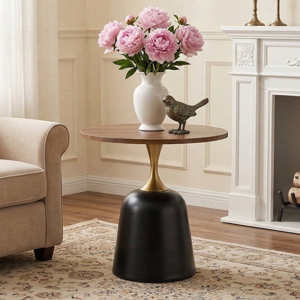 English Elm 23.6 Inch Round Side Table with Metal Base Warm Grain Top for Living Room or Office Walnut W2920P407665