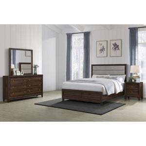 English Elm Anza Queen Bedroom Set with Taupe Upholstered Headboard and Walnut Finish Storage B062S01690