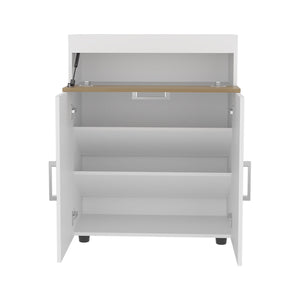 English Elm Shoe Modern 3‑Door Concealed Shoe Cabinet with 3 Shelves, Sturdy Legs, Compact Engineered Wood Storage White + Light Oak 37.01 L x 28.35 W x 3.94 H B097P350292