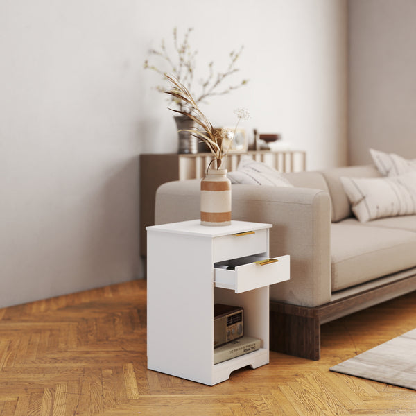 English Elm Nighstand White 2-Drawer Nightstand with Open Shelf, Gold Handles, Modern Compact End Table W3151P346294