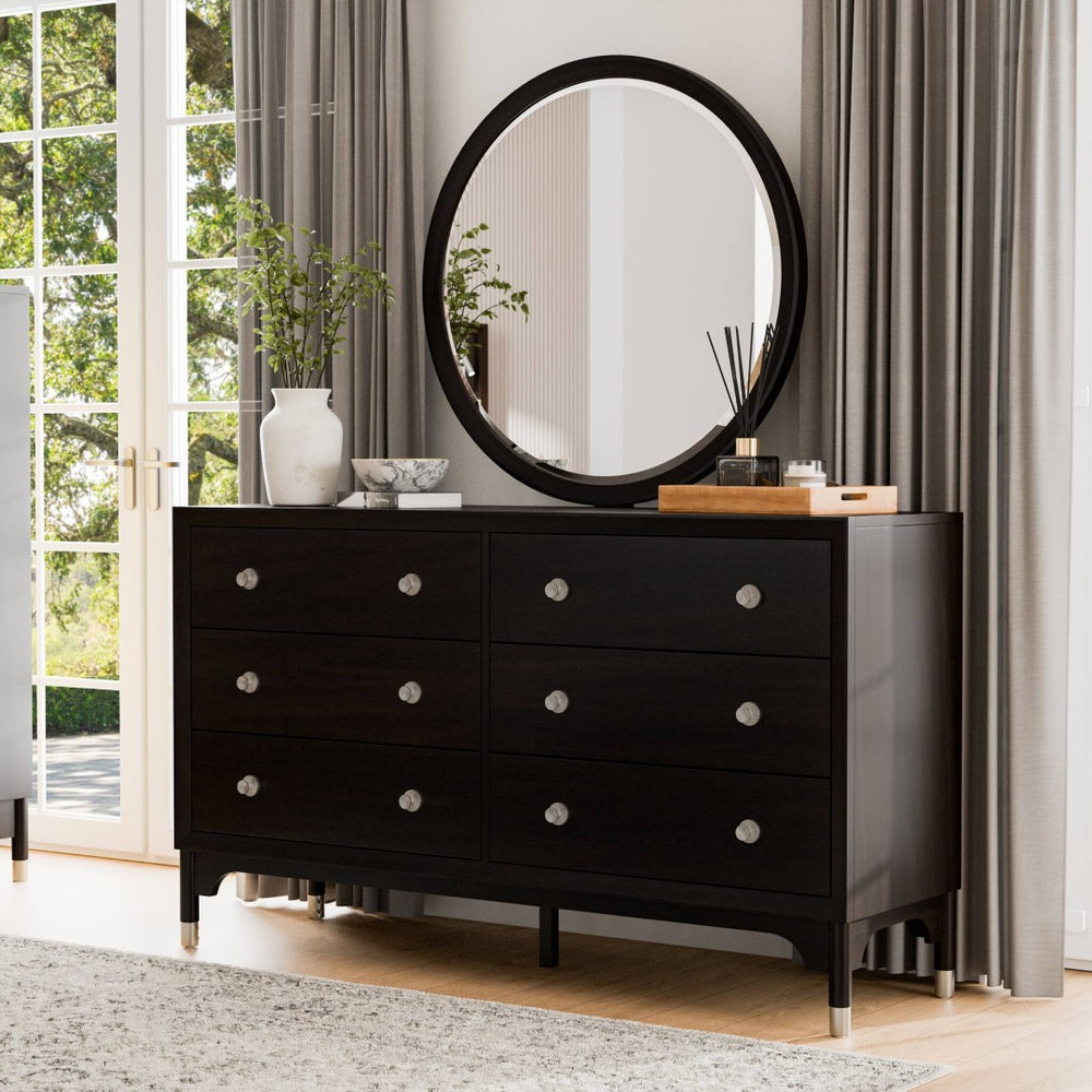 English Elm 1pc Wide Black Walnut Veneer Dresser with Silver Legs Mid-century Modern Bedroom B2741P446691